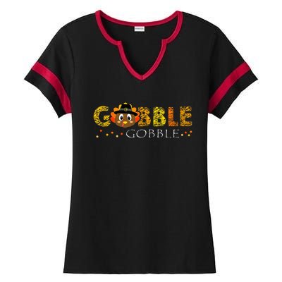 Cute Gobble Gobble Turkey Pilgrim Little Thanksgiving Ladies Halftime Notch Neck Tee