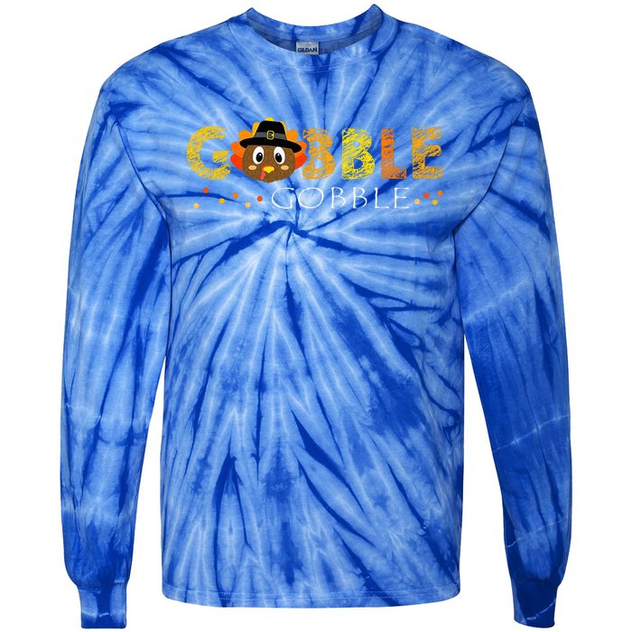 Cute Gobble Gobble Turkey Pilgrim Little Thanksgiving Tie-Dye Long Sleeve Shirt