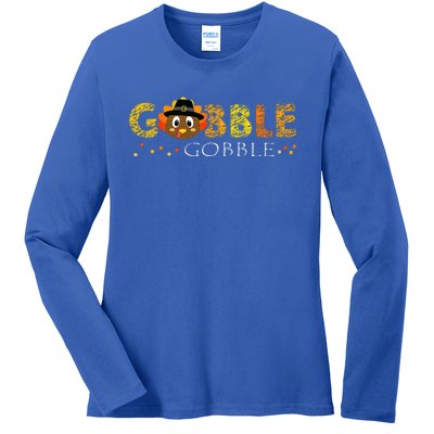 Cute Gobble Gobble Turkey Pilgrim Little Thanksgiving Ladies Long Sleeve Shirt