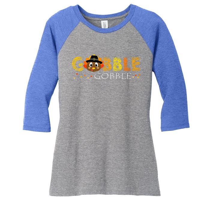 Cute Gobble Gobble Turkey Pilgrim Little Thanksgiving Women's Tri-Blend 3/4-Sleeve Raglan Shirt