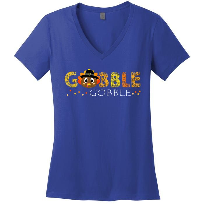 Cute Gobble Gobble Turkey Pilgrim Little Thanksgiving Women's V-Neck T-Shirt