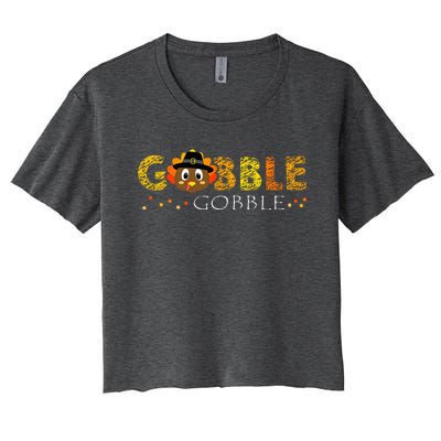 Cute Gobble Gobble Turkey Pilgrim Little Thanksgiving Women's Crop Top Tee