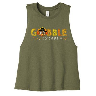 Cute Gobble Gobble Turkey Pilgrim Little Thanksgiving Women's Racerback Cropped Tank