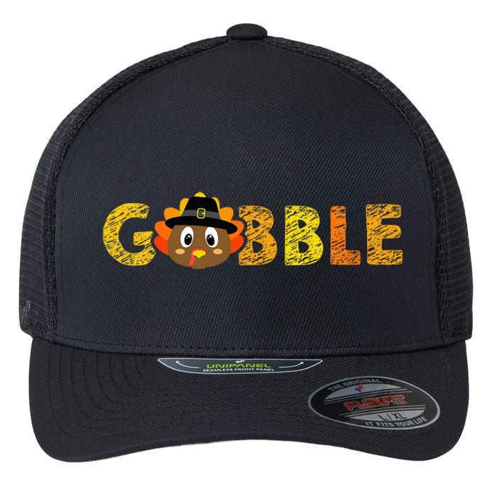 Cute Gobble Gobble Turkey Pilgrim Little Thanksgiving Flexfit Unipanel Trucker Cap