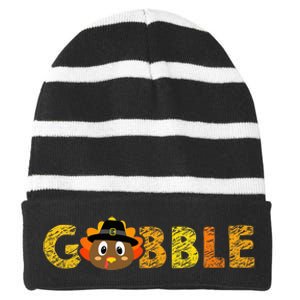 Cute Gobble Gobble Turkey Pilgrim Little Thanksgiving Striped Beanie with Solid Band