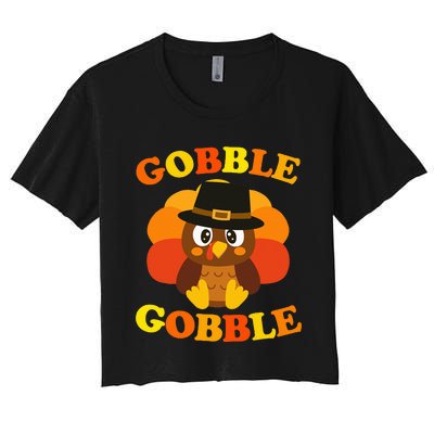 Cute Gobble Gobble Turkey Pilgrim Little Thanksgiving Women's Crop Top Tee