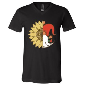 Colorful Garden Gnomes With Sunflower V-Neck T-Shirt