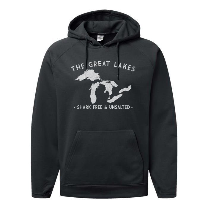 Cool Gift Great Lakes Shark Free And Unsalted Funny Vintage Performance Fleece Hoodie