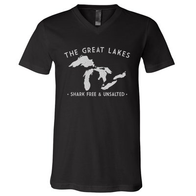 Cool Gift Great Lakes Shark Free And Unsalted Funny Vintage V-Neck T-Shirt