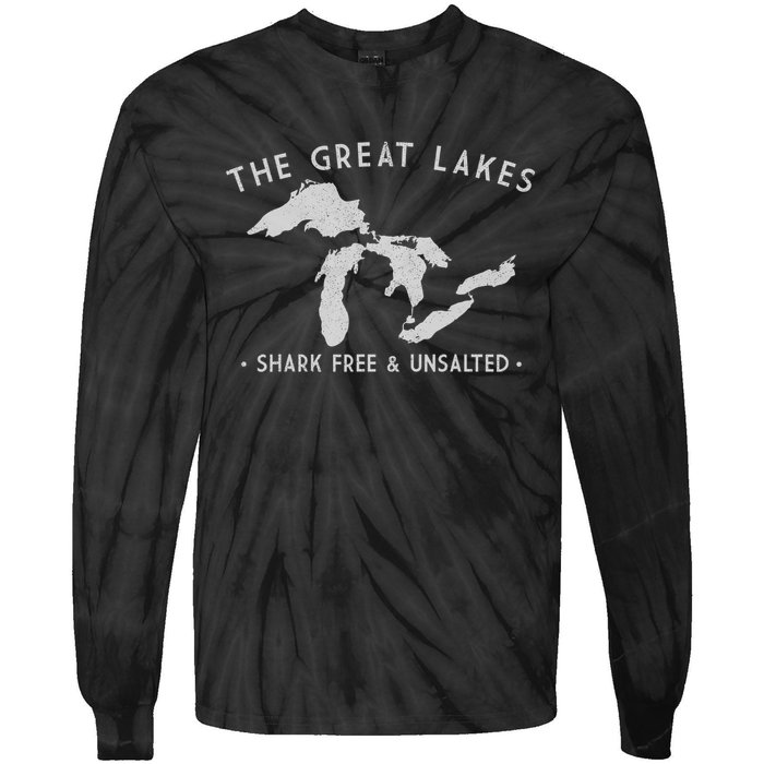 Cool Gift Great Lakes Shark Free And Unsalted Funny Vintage Tie-Dye Long Sleeve Shirt