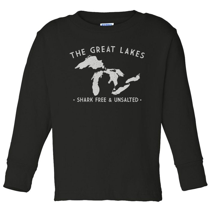 Cool Gift Great Lakes Shark Free And Unsalted Funny Vintage Toddler Long Sleeve Shirt