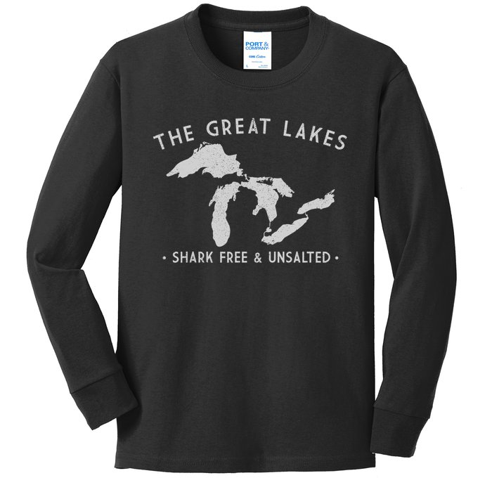 Cool Gift Great Lakes Shark Free And Unsalted Funny Vintage Kids Long Sleeve Shirt