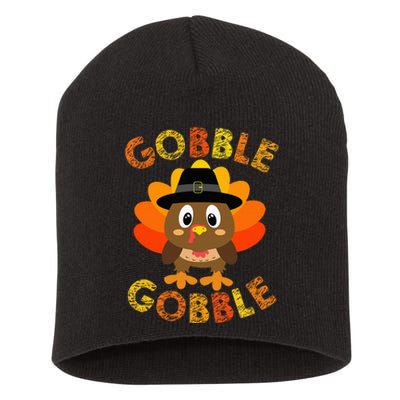 Cute Gobble Gobble Turkey Pilgrim Little Thanksgiving Short Acrylic Beanie