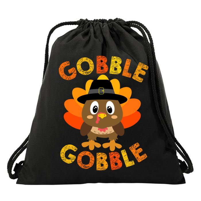 Cute Gobble Gobble Turkey Pilgrim Little Boys Thanksgiving Drawstring Bag