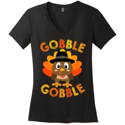 Cute Gobble Gobble Turkey Pilgrim Little Boys Thanksgiving Women's V-Neck T-Shirt