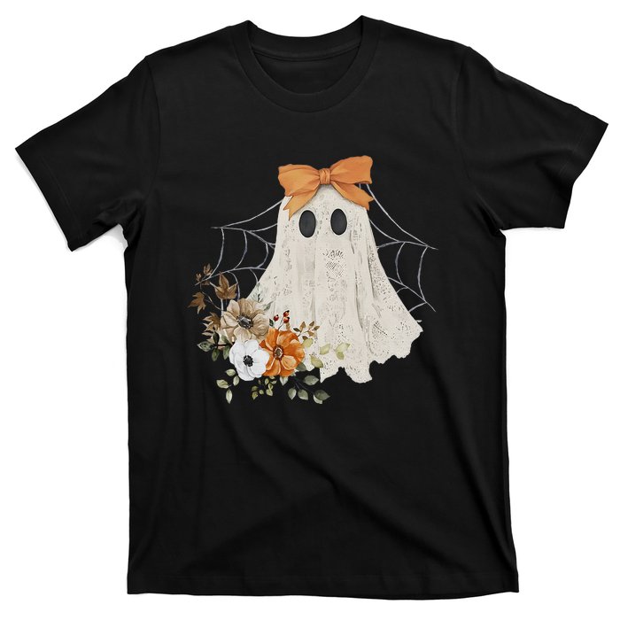 Coquette Ghost Halloween Flower Ghost Spooky Lace Ghost T-Shirt