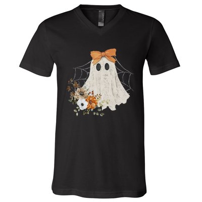 Coquette Ghost Halloween Flower Ghost Spooky Lace Ghost V-Neck T-Shirt