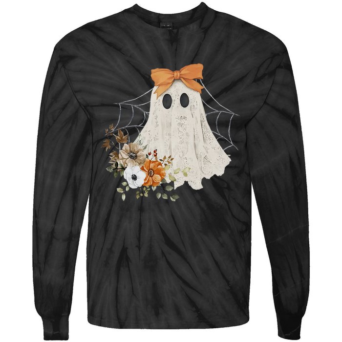 Coquette Ghost Halloween Flower Ghost Spooky Lace Ghost Tie-Dye Long Sleeve Shirt