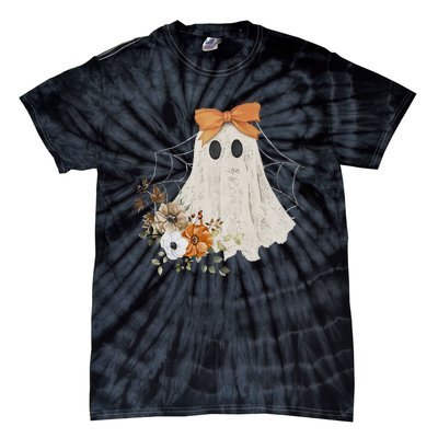 Coquette Ghost Halloween Flower Ghost Spooky Lace Ghost Tie-Dye T-Shirt