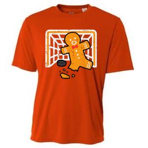 Christmas Gingerbread Hockey Goalkeeper Funny Xmas Goalie Cooling Performance Crew T-Shirt