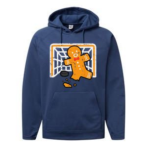 Christmas Gingerbread Hockey Goalkeeper Funny Xmas Goalie Performance Fleece Hoodie