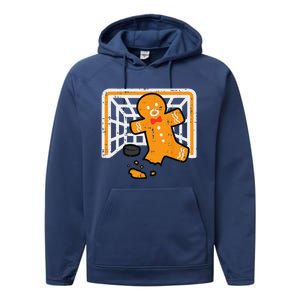 Christmas Gingerbread Hockey Goalkeeper Funny Xmas Goalie Performance Fleece Hoodie