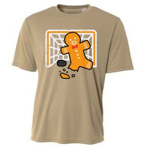 Christmas Gingerbread Hockey Goalkeeper Funny Xmas Goalie Cooling Performance Crew T-Shirt