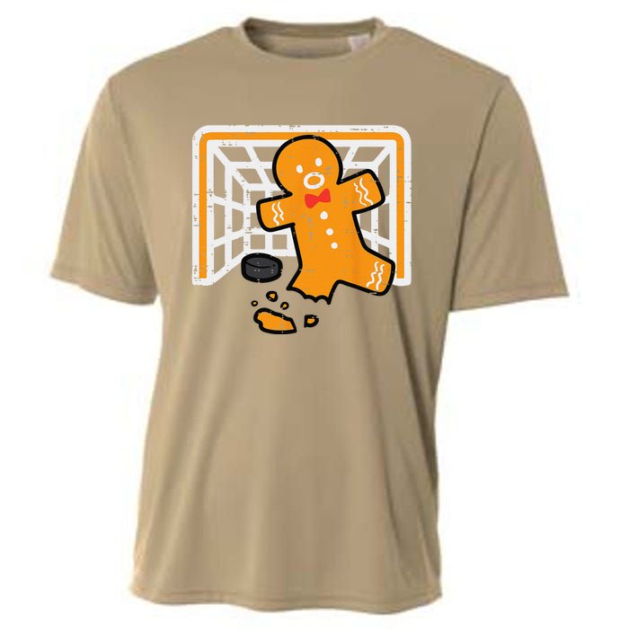 Christmas Gingerbread Hockey Goalkeeper Funny Xmas Goalie Cooling Performance Crew T-Shirt