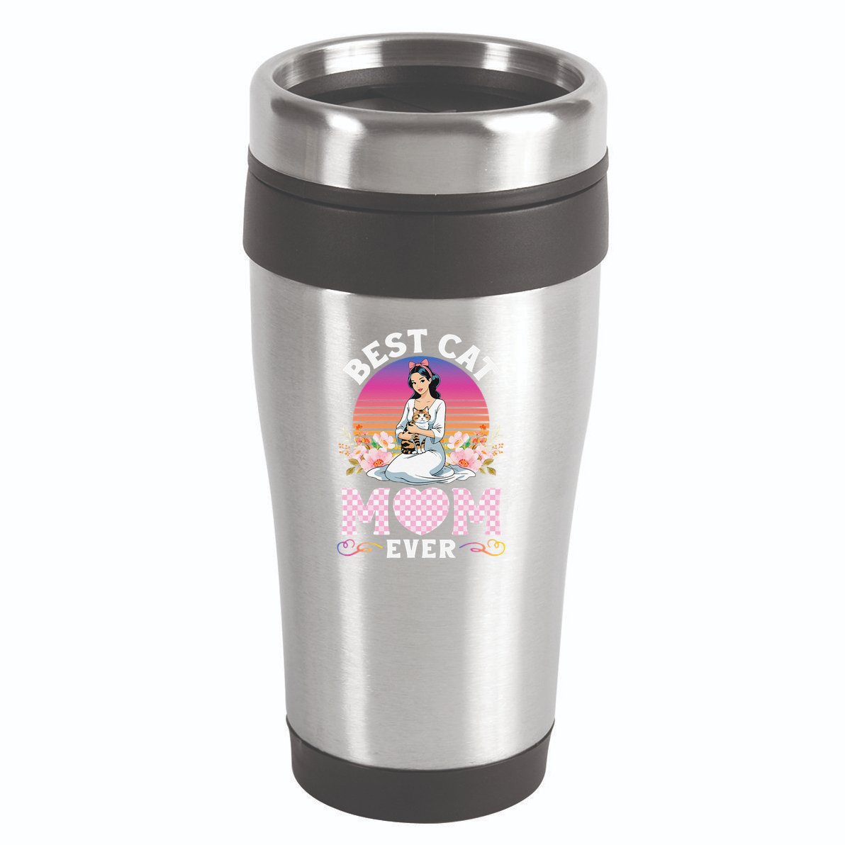 Cute Girl Hugging Oriental And Flowers Best Cat Mom Ever 16oz Travel Tumbler