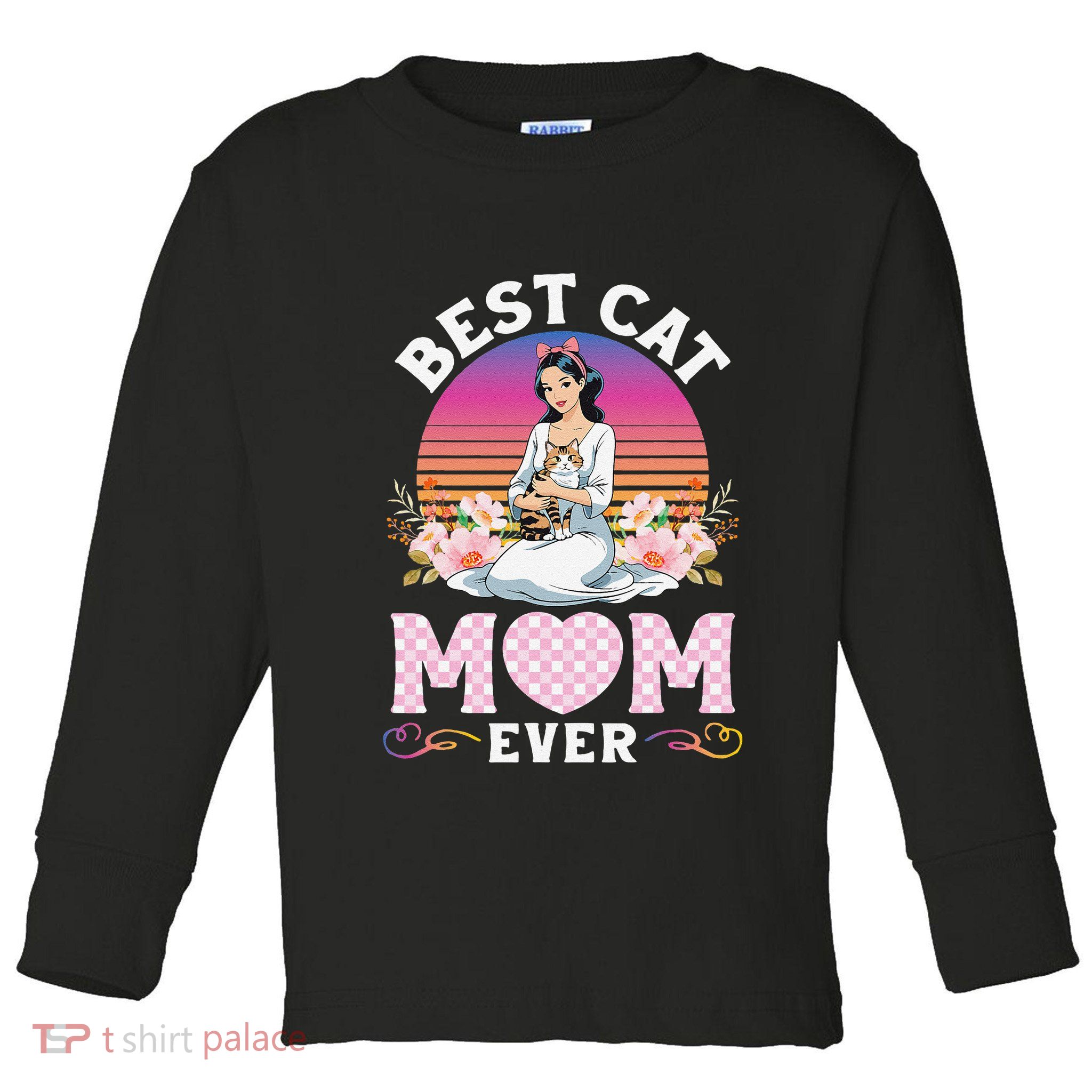 Cute Girl Hugging Oriental And Flowers Best Cat Mom Ever Toddler Long Sleeve Shirt