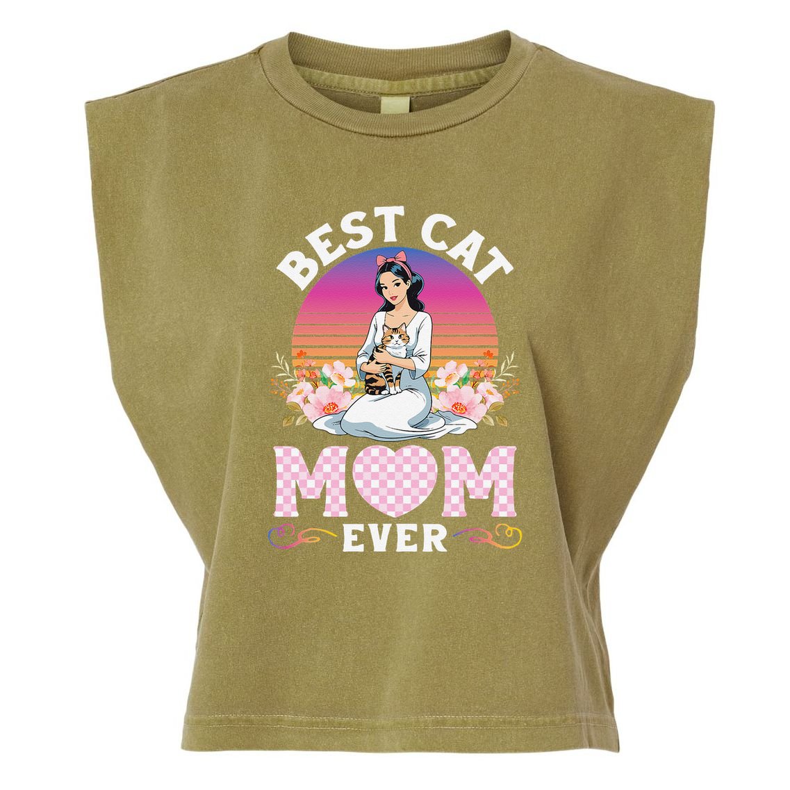 Cute Girl Hugging Oriental And Flowers Best Cat Mom Ever Garment-Dyed Women's Muscle Tee
