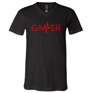 Cute Gamer Heartbeat Video Games Gaming V-Neck T-Shirt