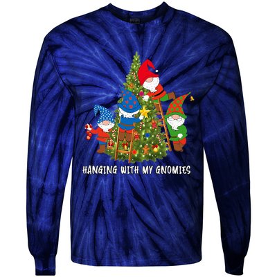 Christmas Gnome Hanging With My Gnomies Funny Tree Holiday Tie-Dye Long Sleeve Shirt