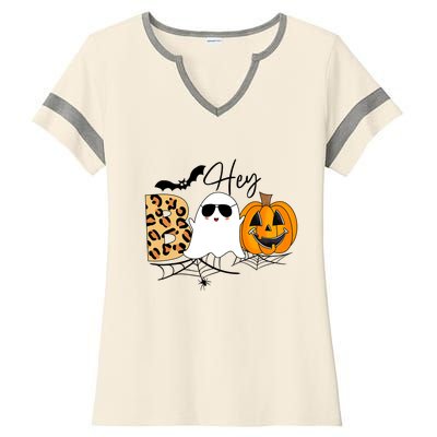 Cute Ghost Halloween Pumpkin Face Hey Boo Trendy Halloween Ladies Halftime Notch Neck Tee