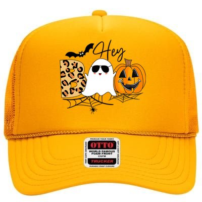 Cute Ghost Halloween Pumpkin Face Hey Boo Trendy Halloween High Crown Mesh Back Trucker Hat