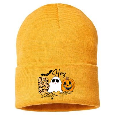 Cute Ghost Halloween Pumpkin Face Hey Boo Trendy Halloween Sustainable Knit Beanie