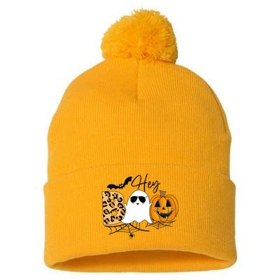 Cute Ghost Halloween Pumpkin Face Hey Boo Trendy Halloween Pom Pom 12in Knit Beanie