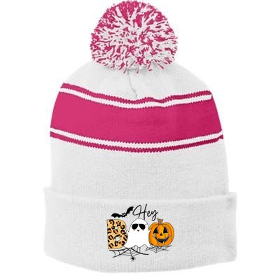 Cute Ghost Halloween Pumpkin Face Hey Boo Trendy Halloween Stripe Pom Pom Beanie