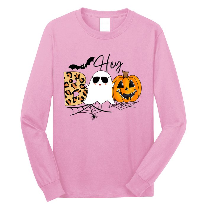 Cute Ghost Halloween Pumpkin Face Hey Boo Trendy Halloween Long Sleeve Shirt