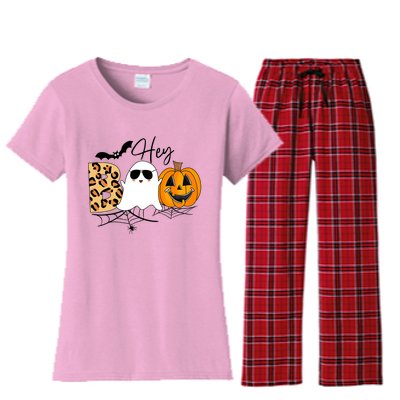 Cute Ghost Halloween Pumpkin Face Hey Boo Trendy Halloween Women's Flannel Pajama Set