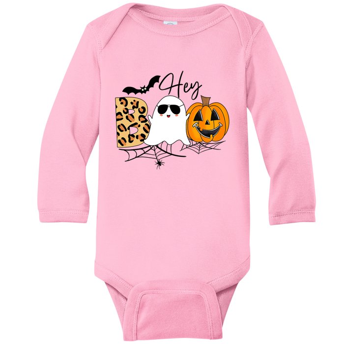 Cute Ghost Halloween Pumpkin Face Hey Boo Trendy Halloween Baby Long Sleeve Bodysuit