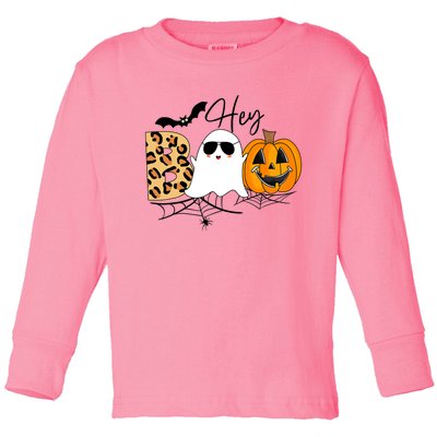 Cute Ghost Halloween Pumpkin Face Hey Boo Trendy Halloween Toddler Long Sleeve Shirt