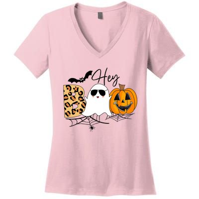 Cute Ghost Halloween Pumpkin Face Hey Boo Trendy Halloween Women's V-Neck T-Shirt