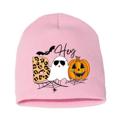 Cute Ghost Halloween Pumpkin Face Hey Boo Trendy Halloween Short Acrylic Beanie