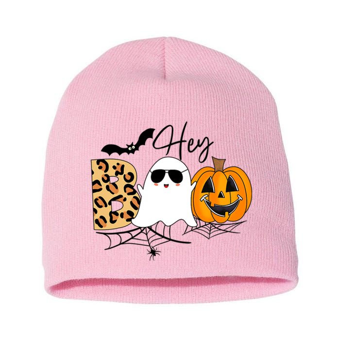 Cute Ghost Halloween Pumpkin Face Hey Boo Trendy Halloween Short Acrylic Beanie