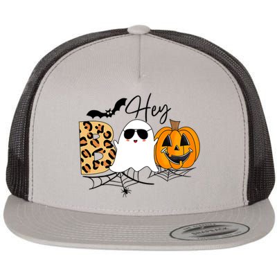 Cute Ghost Halloween Pumpkin Face Hey Boo Trendy Halloween Flat Bill Trucker Hat