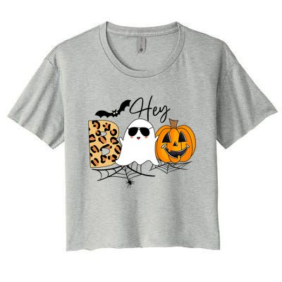 Cute Ghost Halloween Pumpkin Face Hey Boo Trendy Halloween Women's Crop Top Tee