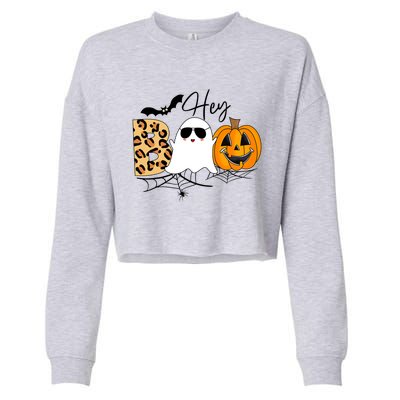 Cute Ghost Halloween Pumpkin Face Hey Boo Trendy Halloween Cropped Pullover Crew