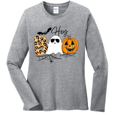 Cute Ghost Halloween Pumpkin Face Hey Boo Trendy Halloween Ladies Long Sleeve Shirt