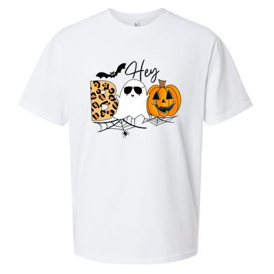 Cute Ghost Halloween Pumpkin Face Hey Boo Trendy Halloween Sueded Cloud Jersey T-Shirt